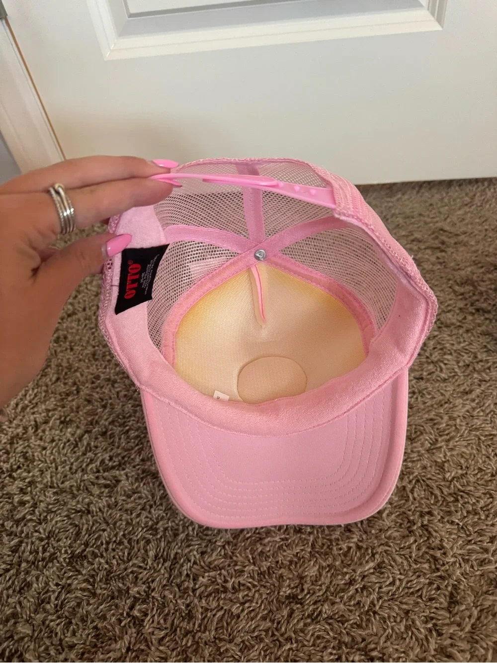 Pink Trucker Hat with Lightning Smile Patch